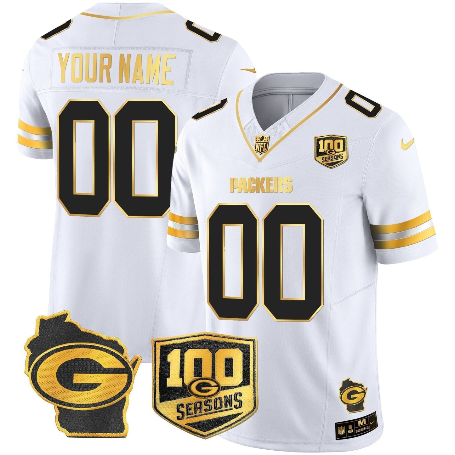 Packers 100th Season & Home Patch Gold Vapor Limited Custom Jersey - All Stitched