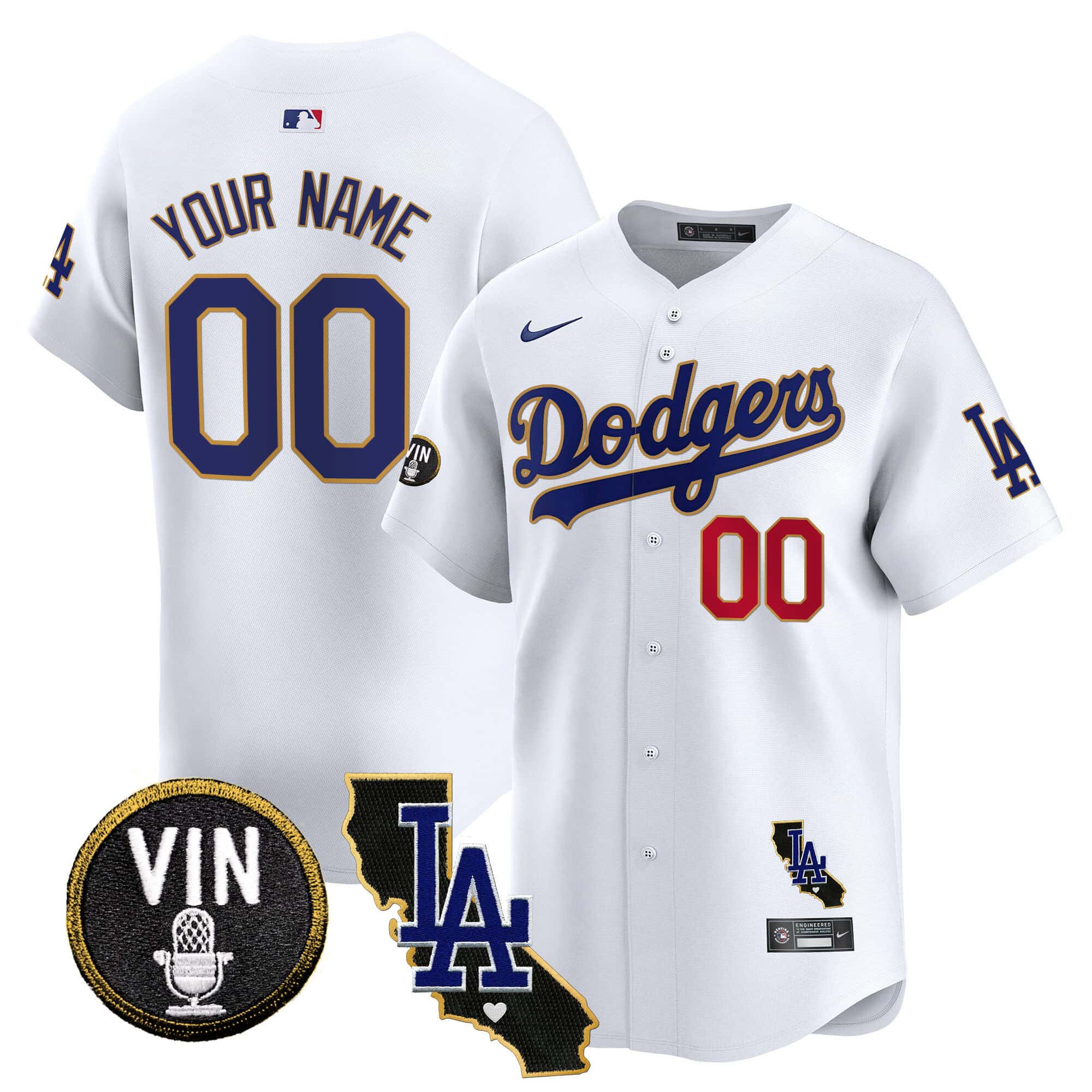 Dodgers Vin & California Patch Gold Trim Vapor Premier Limited Custom Jersey - All Stitched