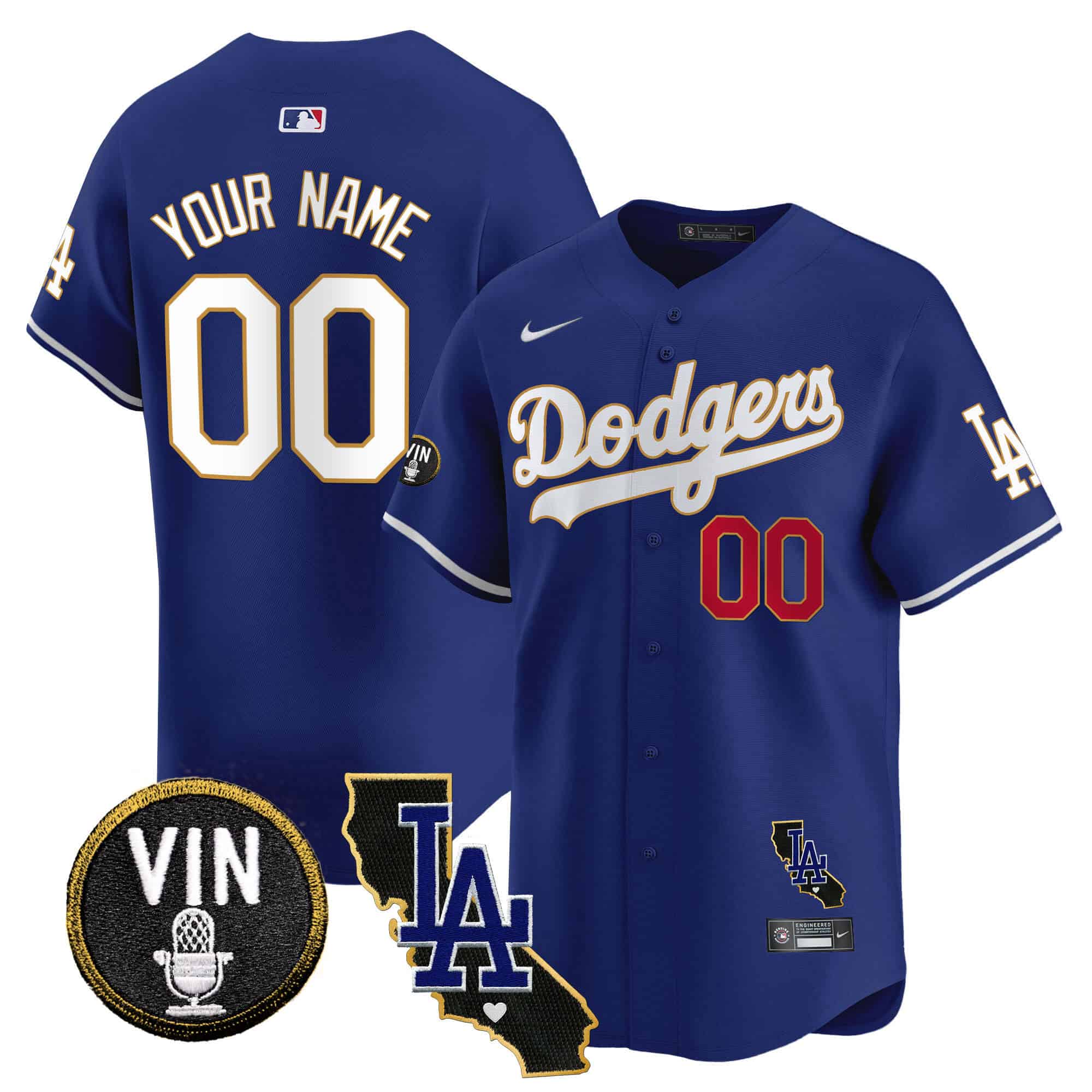 Dodgers Vin & California Patch Gold Trim Vapor Premier Limited Custom Jersey - All Stitched