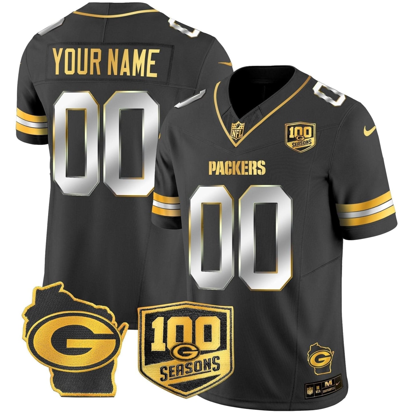Packers 100th Season & Home Patch Gold Vapor Limited Custom Jersey - All Stitched