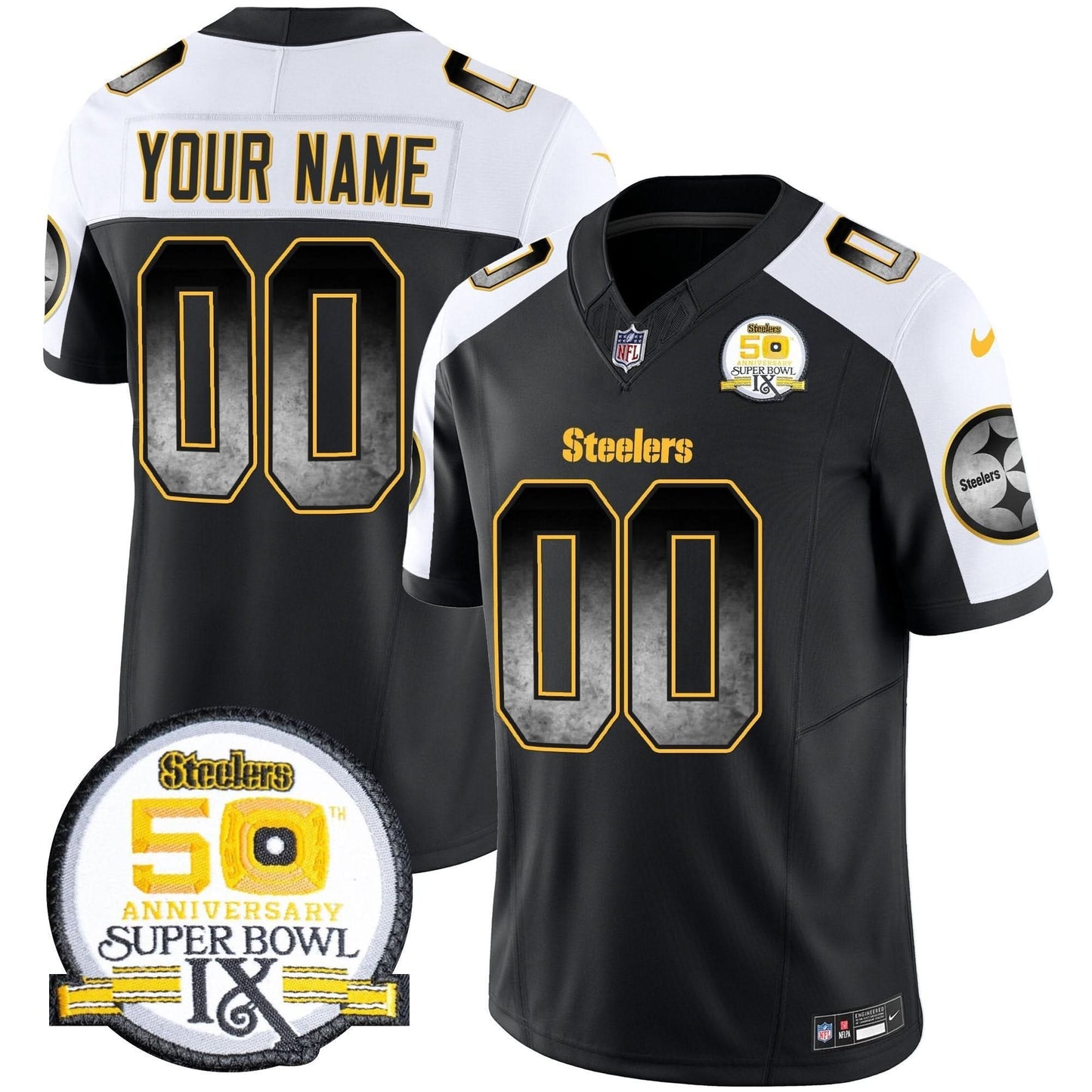 Steelers Arch Smoke 50th Anniversary Of Super Bowl IX Patch Vapor Limited Custom Jersey - All Stitched