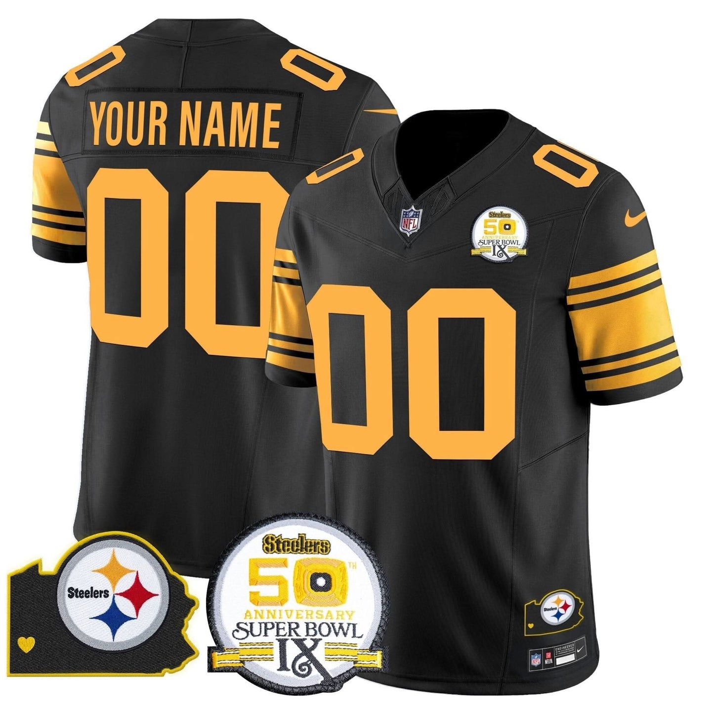 Steelers 50th Anniversary Of Super Bowl IX & Map Patch Vapor Limited Custom Jersey - All Stitched