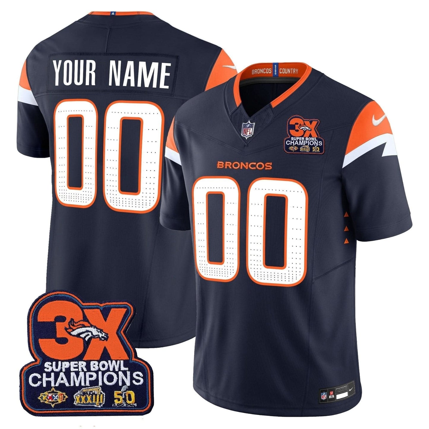Denver Broncos 3-Time Champions Patch Vapor Limited Custom Jersey - All Stitched